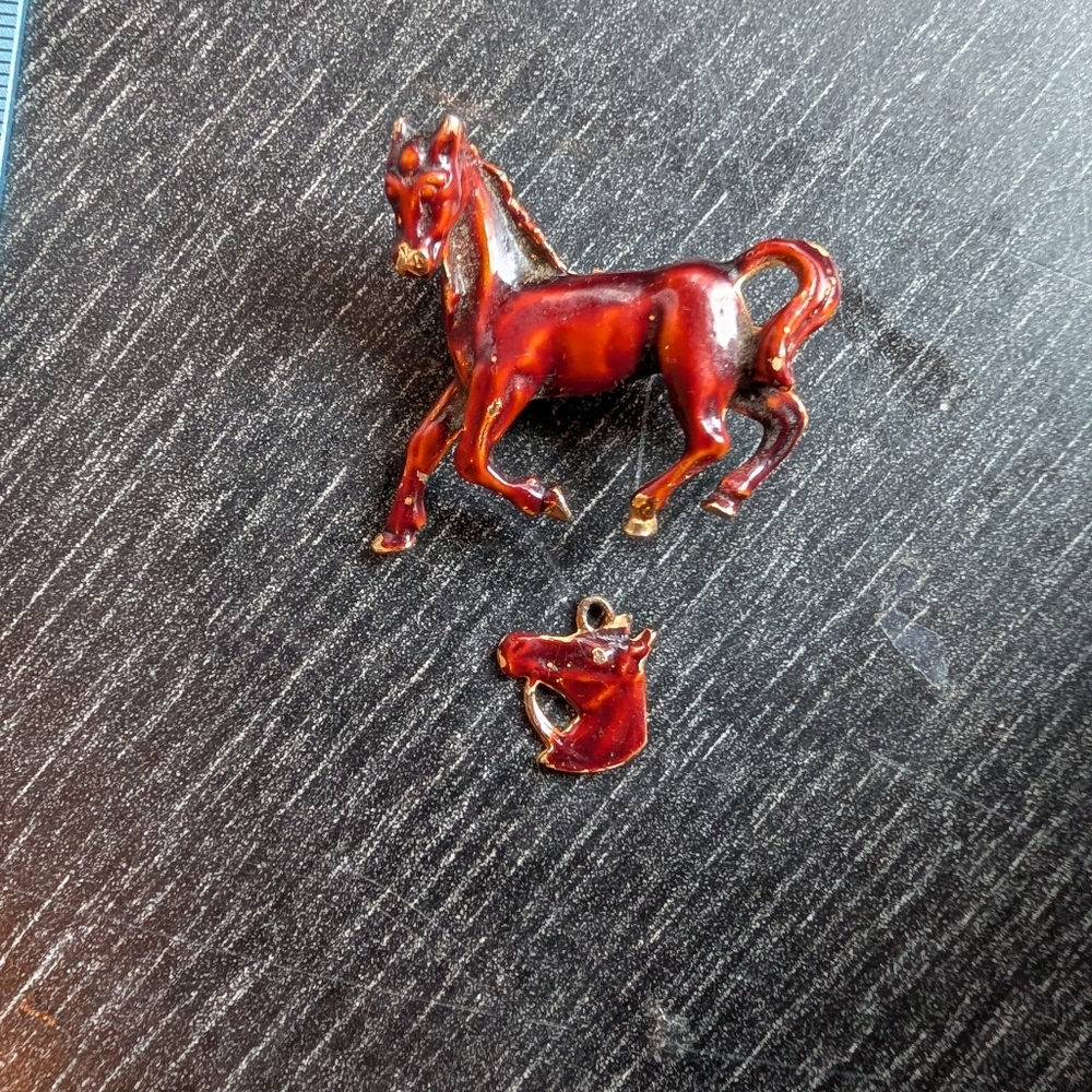 Vintage enamel Horse Brooch and Pendant Set